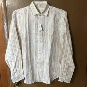 Stitch Note European Linen Men's Tan and Cream Striped Long Sleeve Shirt-M,NWT